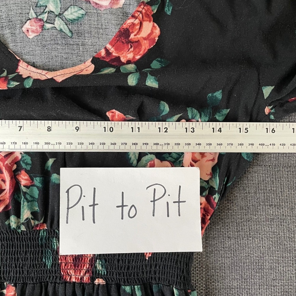 Forever 21 Black Floral Rose Print V-Neck Smocked Waist Maxi Dress S Cottagecore - Picture 9 of 14